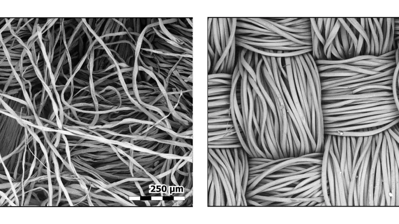 Srovnání bavlněného flanelu (vlevo) s polyesterem (vpravo)