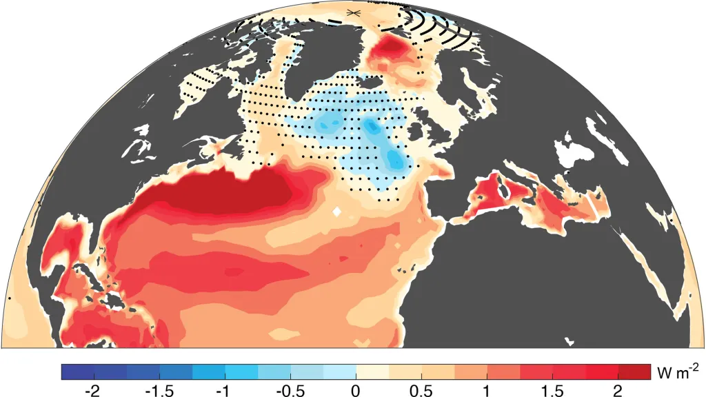 Trend obsahu tepla v oceánu v celém vertikálním sloupci mořské vody pro období 1955–2024