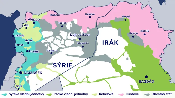 Rozložení sil v Sýrii a v Iráku (9. leden 2017)