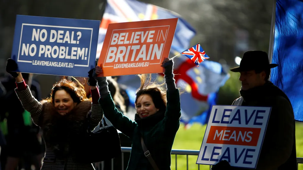 Zastánci brexitu protestují před britským parlamentem