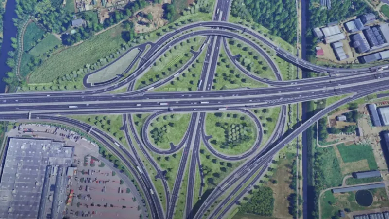 Vizualizace křížení D1 a D2 u Brna po přestavbě