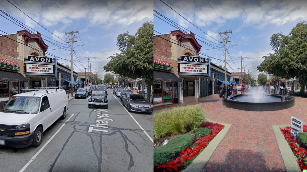 Ulice Thayer Street na americkém Rhode Islandu ve skutečnosti a pohledem výtvarníka