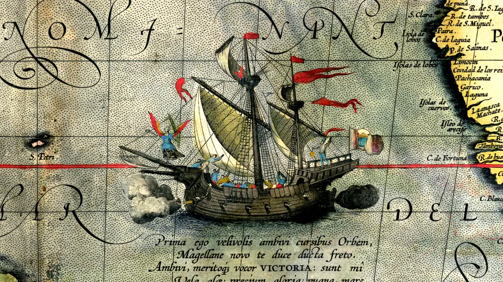 Vyobrazení lodi Victoria na mapě z roku 1590