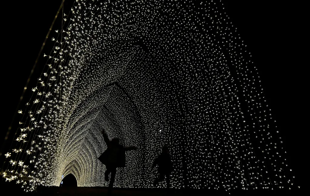 Návštěvníci si prohlížejí světelné instalace při otevření osvětlené stezky v zahradách Kew Gardens v západním Londýně.