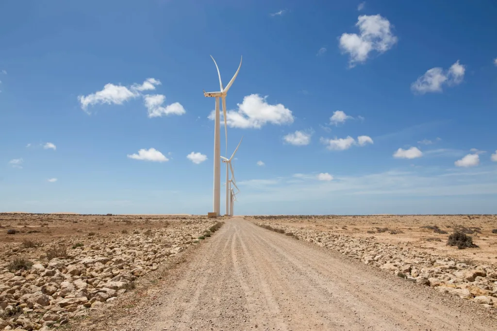Surfaři také učí děti angličtinu a španělštinu a doufají, že dětem ukážou možnosti, jak se uplatnit v životě, aniž by musely emigrovat. Na fotografii je větrná farma, jedna z největších v Africe. Místní obyvatelé v ní práci ale nenacházejí