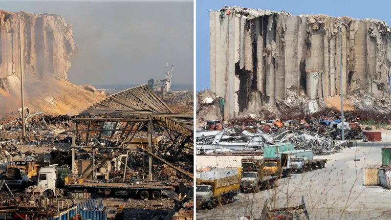 Srovnávací galerie fotografií po výbuchu v bejrútském přístavu ze 4. srpna 2020 a následně z 29. července 2021