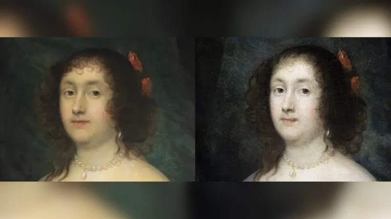 Diane Cecilová na vylepšeném portrétu (vlevo) a původním