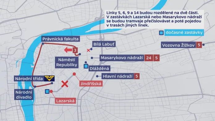Mapa změn v tramvajové dopravě kvůli výluce v okolí Václavského náměstí