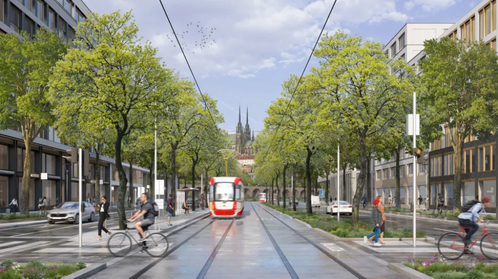 Vizualizace nové čtvrtě Trnitá s ulicí Bulvár