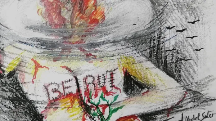 Kresba k připomenutí exploze v Bejrútu