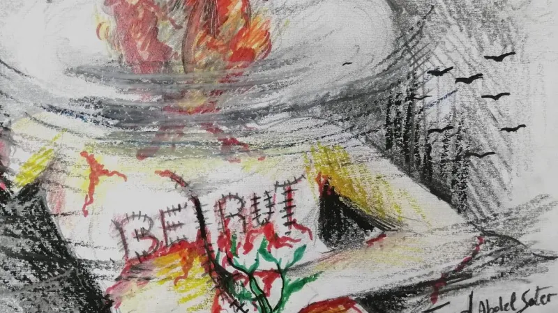 Kresba k připomenutí exploze v Bejrútu