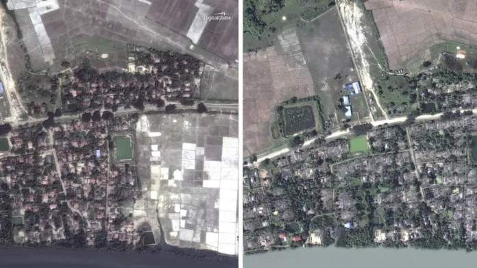 Satelitní snímky zničené myanmarské vesnice