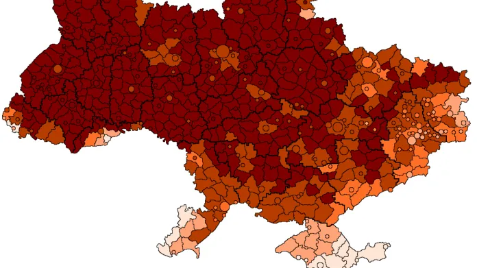 Podíl lidí, kteří ve sčítání lidu 2001 uvedli ukrajinskou národnost