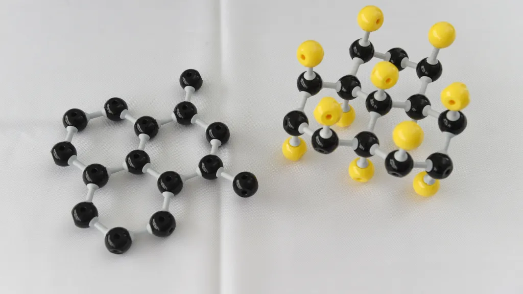 Modely struktury materiálu grafen (vlevo) a fluorografen (vpravo).