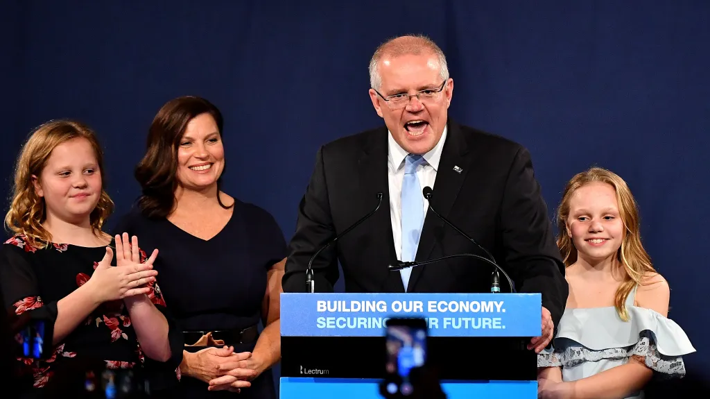 Australský premiér Scott Morrison se svou rodinou po vítězství v parlamentních volbách