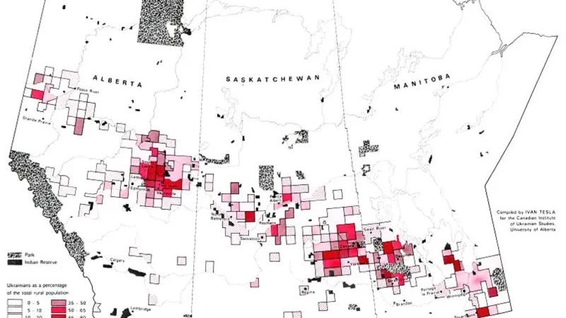 Rozmístění ukrajinských imigrantů v kanadských prérijních provinciích, 1941