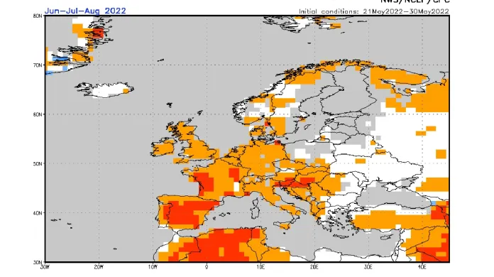 Schopnost modelu předpovědět průměrnou teplotu pro léto v Evropě – šedá místa značí oblasti, kde je očekávaná nejistota příliš velká a vypovídací schopnost předpovědi naopak minimální
