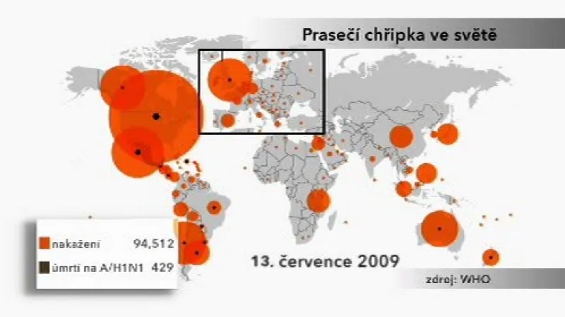 Výskyt prasečí chřipky ve světě k 13.7.2009