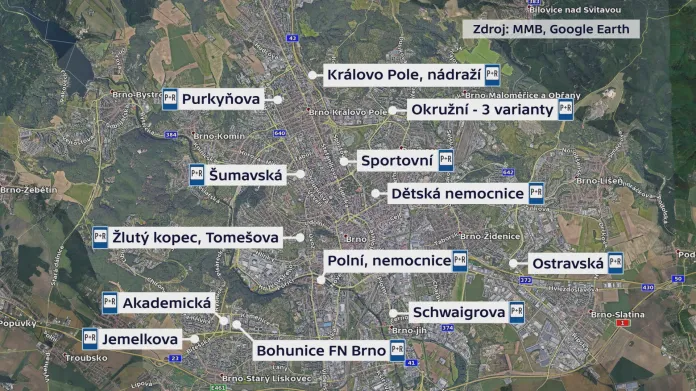 Lokality pro parkoviště P+R v Brně