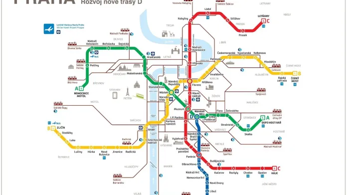 Trasy pražského metra s plánovanou linkou D
