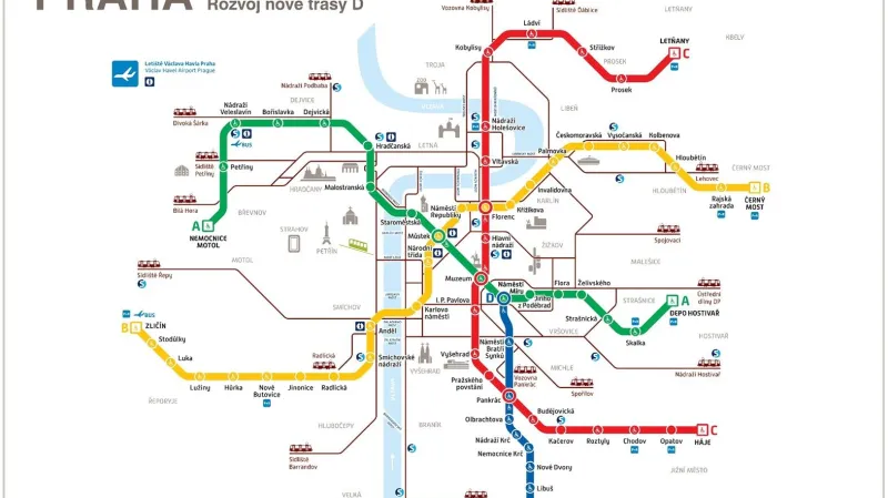 Trasy pražského metra s plánovanou linkou D