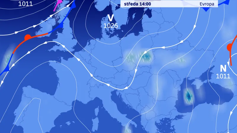 Na přízemní povětrnostní mapě k nám zasahuje tlaková výše od severu, výšková tlaková níže je patrná pouze z výskytu oblačnosti a srážek