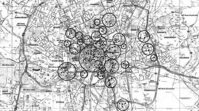 Mapa bomb, které byly shozeny na Brno během 2. světové války