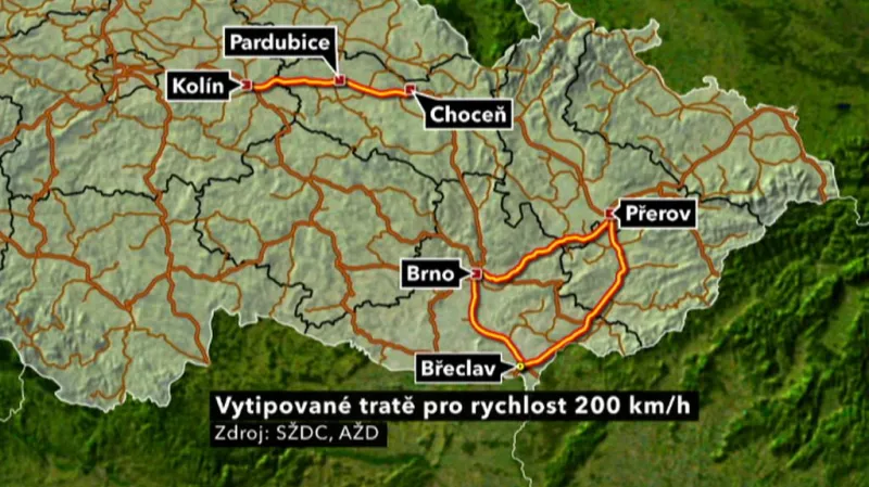 Vytipované tratě pro rychlost 200 km/h