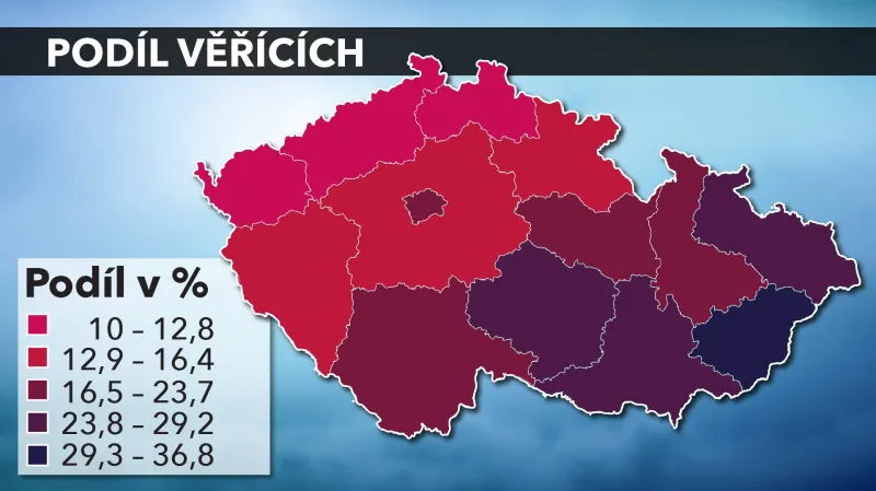 Podíl věřících v krajích ČR