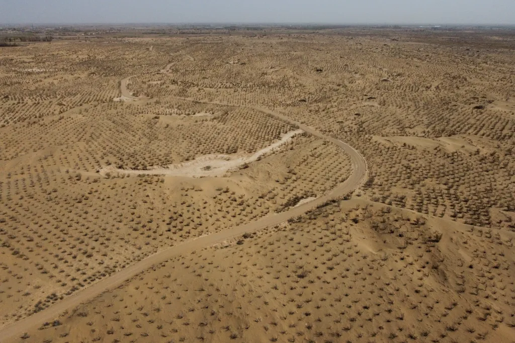 Snímek pořízený dronem ukazuje otevřenou oblast pouště Gobi, která prochází systematickým zúrodňováním