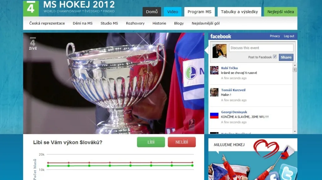 Vzhled webových stránek při MS v hokeji