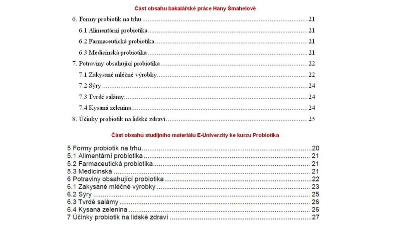 Části obsahu originální práce a opsaného materiálu