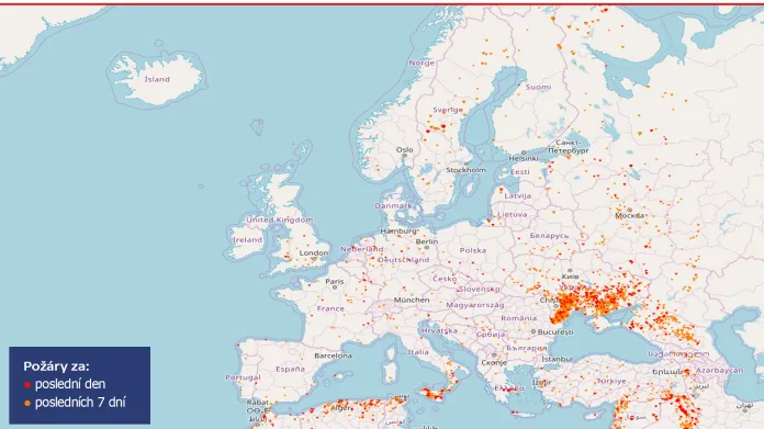 Požáry v Evropě k 24. červenci 2018