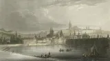 Pohled z dnešního Smetanova nábřeží na Karlův most a Hradčany, 1845.