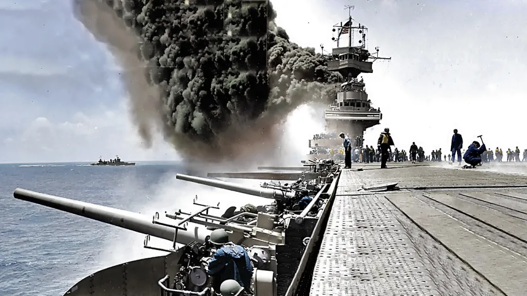 U.S.S. Yorktown po zásahu japonskými bombami