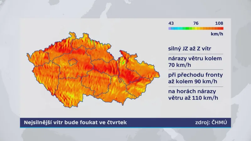 Nejsilnější vítr bude foukat ve čtvrtek