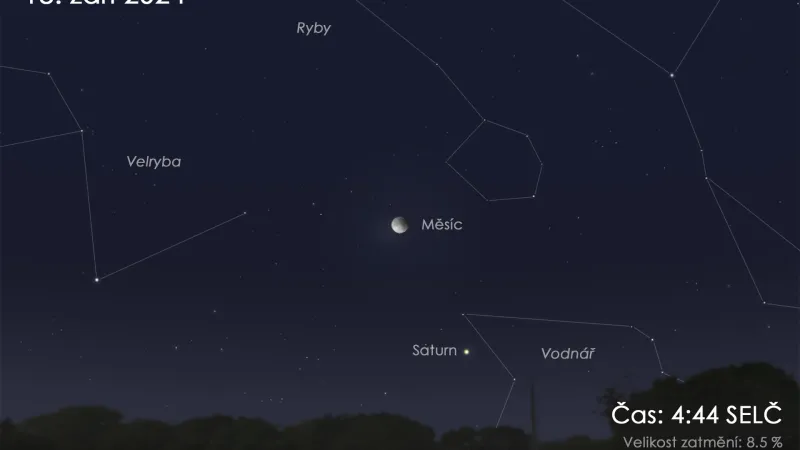 Simulace vzhledu oblohy během maximální fáze zatmění 18. září 2024. Západně od Měsíce bude také planeta Saturn