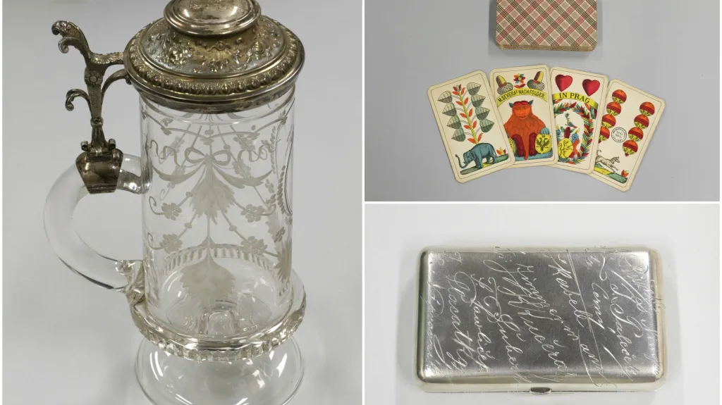 Dvořákova holba na pivo, pouzdro na doutníky a karty