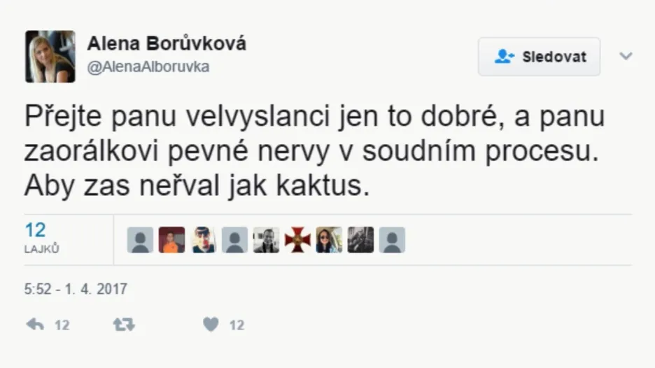 Jeden z tweetů Aleny Borůvkové