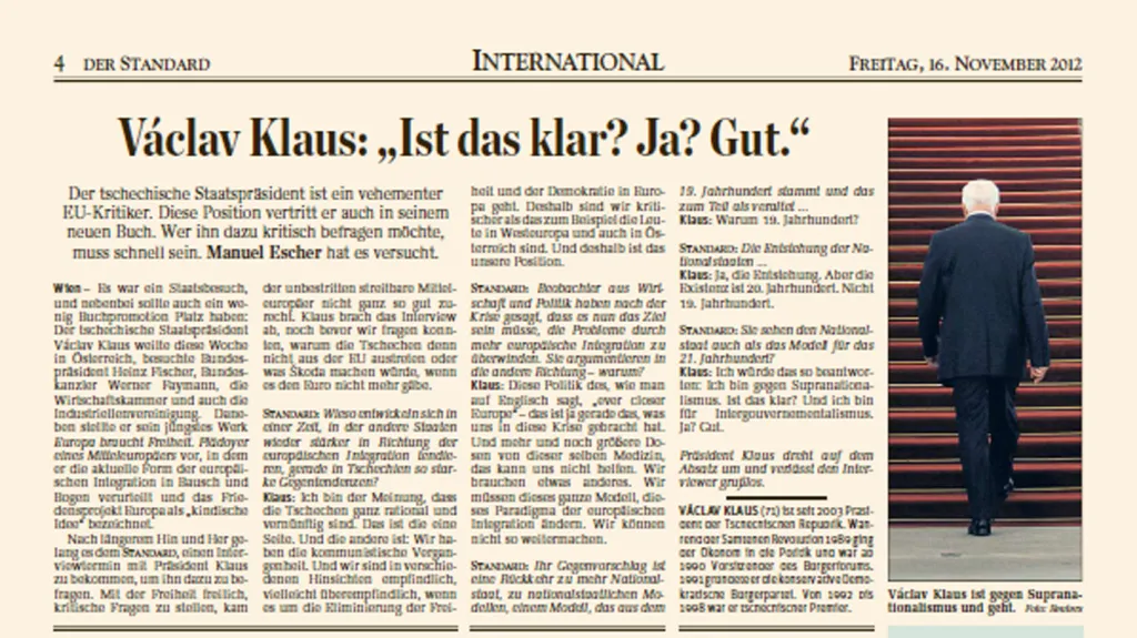 Rozhovor Václava Klause pro Der Standard