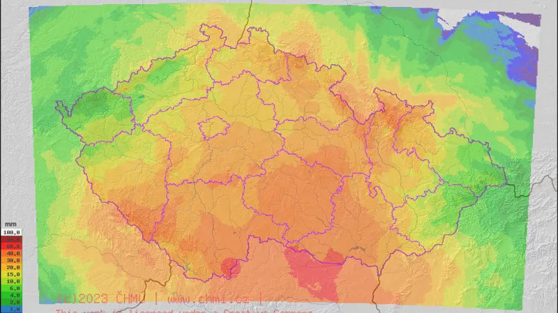 Třídenní suma srážek od 13. do 15. dubna 2023