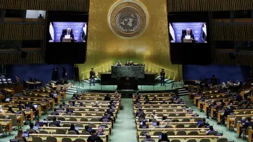 Šéf palestinské autonomie Mahmúd Abbás při projevu v OSN (25. září 2025)