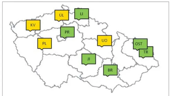 Síť stanic sledujících pylové alergeny, žlutě znázorněny stanice ve správě Zdravotního ústavu se sídlem v Ústí nad Labem