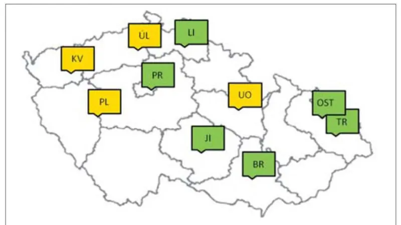 Síť stanic sledujících pylové alergeny, žlutě znázorněny stanice ve správě Zdravotního ústavu se sídlem v Ústí nad Labem