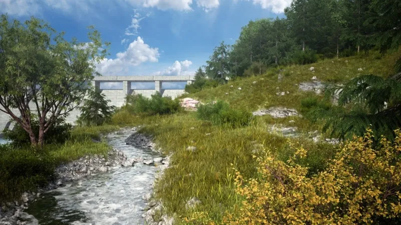 Obtok zátopy nádrže. Vizualizace