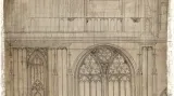 Architektonická kresba jižní věže katedrály sv. Víta, Petr Parléř, kolem roku 1365, pergamen, černá tuš, Vídeň, Akademie der Bildenden Künste, Kupferstichkabinett