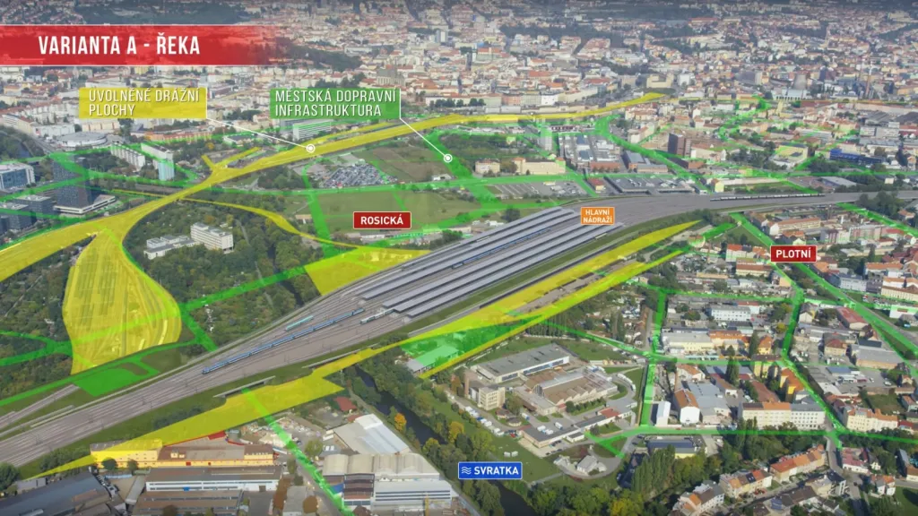 Vizualizace infrastruktury ve variantě nádraží u řeky
