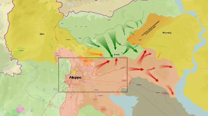 Operace Štít Eufratu. Zeleně turečtí, opoziční a islamističtí ozbrojenci, červeně vládní vojska, žlutě kurdské Syrské demokratické síly, černě Islámský stát
