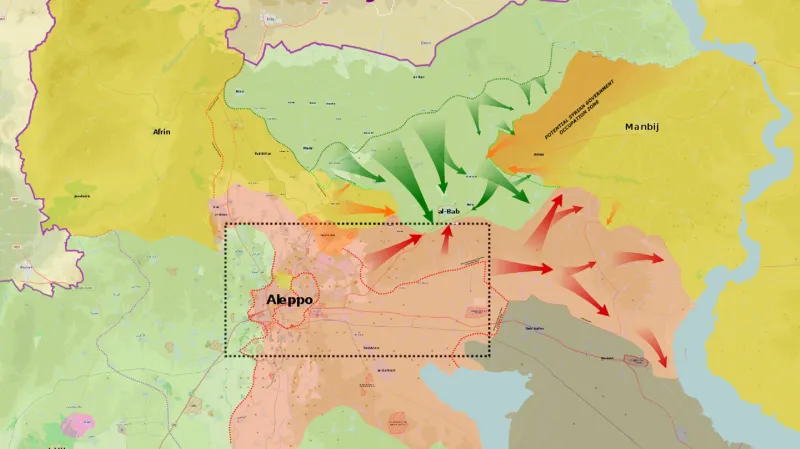 Operace Štít Eufratu. Zeleně turečtí, opoziční a islamističtí ozbrojenci, červeně vládní vojska, žlutě kurdské Syrské demokratické síly, černě Islámský stát