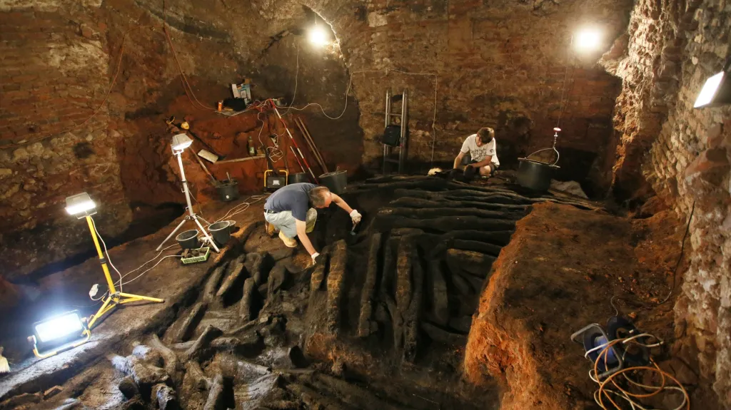 Zbytky dřevěné hradby v podzemí břeclavského zámku